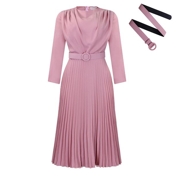 Women's Clothing Elegant Long Sleeved Pleated Solid Color Elegant Autumn Long-Sleeve Pleated Midi Dress | Belted Office Dress With Flowy Skirt_ecoleips.com