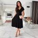 Summer Commuter Women's Dress Deep V Neck Waist Cinching Puff Sleeve Full Skirt Solid Color_ecoleips.com