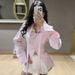 Trendy Striped Shirt For Women – Long Sleeve Button-Down Blouse With Flirty Collar (Pink/Blue, S-2xl)_ecoleips.com