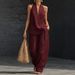 Women's Halter V-Neck Sleeveless Pant Set Casual Mid-Waist Full-Length Polyester Suit For Spring/Autumn Summer_ecoleips.com