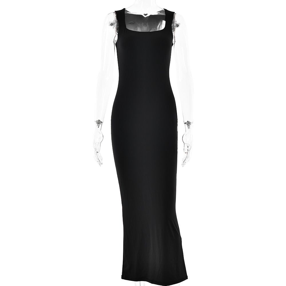 Fashion Women Solid Color Long Maxi Dress Square Neck Sleeveless Off Shoulder Sexy Elegant Slimming Bodycon Long Dress_ecoleips.com