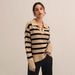 Men's Knit Polo Collar Sweater Oversized Long Sleeve Pullover - Soft Viscose Blend, Contrast Color Design, Casual Loose Fit (Khaki, Black)_ecoleips.com