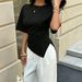 Women's Solid Color T-Shirt European American Style round Neck Irregular Hem Short Sleeve Top for Casual Fashion_ecoleips.com