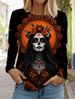 Sugar Skull Pattern Womens Long Sleeve Shirt Day Of The Dead Shirts Fashion 3D Printed Tops Summer Gothic Style Women's Clothing_ecoleips.com