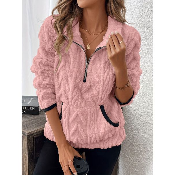 Women's Cropped Fleece Pullover With Jacquard Pattern, Notched Collar & Pockets, Cozy Winter Casual Sweatshirt In Multiple Colors_ecoleips.com