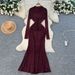 Women's European American Style Long Sleeved Rhinestone Dress Heavy Duty Metal Buckle Waist Cinching Slimming Elegant Autumn Winter Gift_ecoleips.com