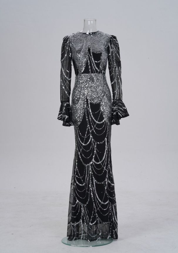 European And American Women's New High End Long Sleeved Round Neck Slim Hip Wrapped Sequined Banquet Fishtail Evening Dress_ecoleips.com