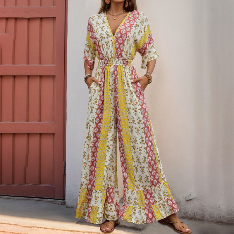 Women's Clothing Summer New Hot Sale Bohemian Style Printed Retro Style Waist High Waist Jumpsuit Trousers For Women_ecoleips.com