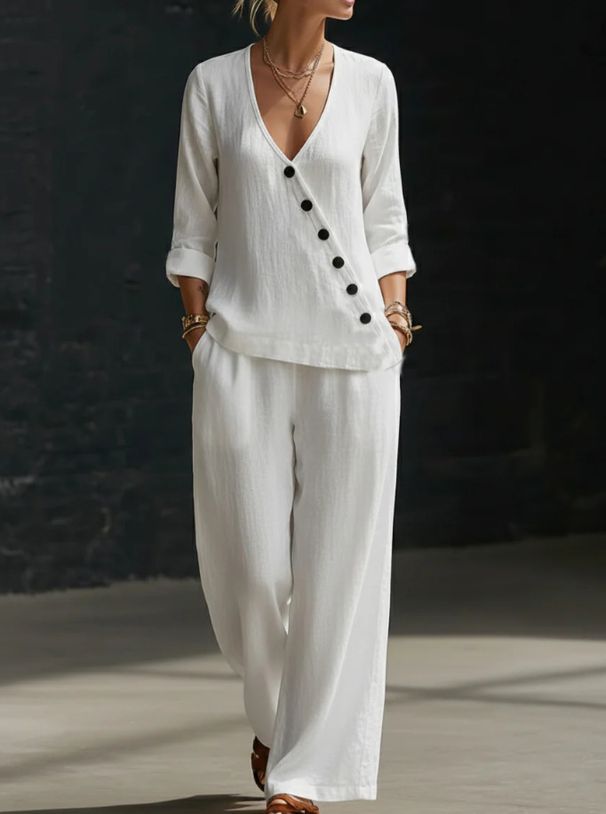 Women's Minimalist Elegant Two Piece Set V Neck Diagonal Button Loose Shirt And Wide Leg Pants Spring Summer New Clothing_ecoleips.com