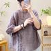 This Retro Cotton-Linen Women's Top Features A Round Collar, A Summer-Style Oblique-Front Design, A Loose Fit, And A "Fi_ecoleips.com