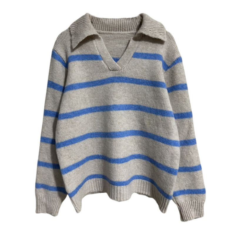 Women's Blue Striped Polo Neck Knit Sweater - Soft & Cozy Oversized Pullover For Autumn Winter, Casual Loose Fit Top For Layering_ecoleips.com