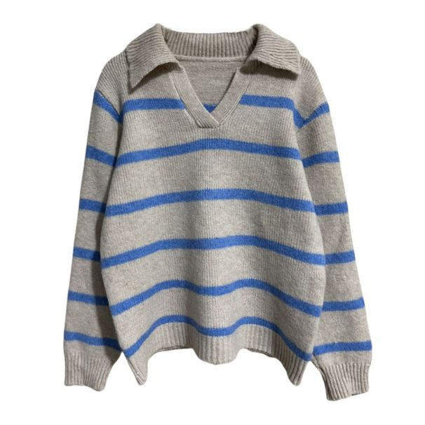 Women's Blue Striped Polo Neck Knit Sweater - Soft & Cozy Oversized Pullover For Autumn Winter, Casual Loose Fit Top For Layering_ecoleips.com