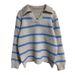 Women's Blue Striped Polo Neck Knit Sweater - Soft & Cozy Oversized Pullover For Autumn Winter, Casual Loose Fit Top For Layering_ecoleips.com