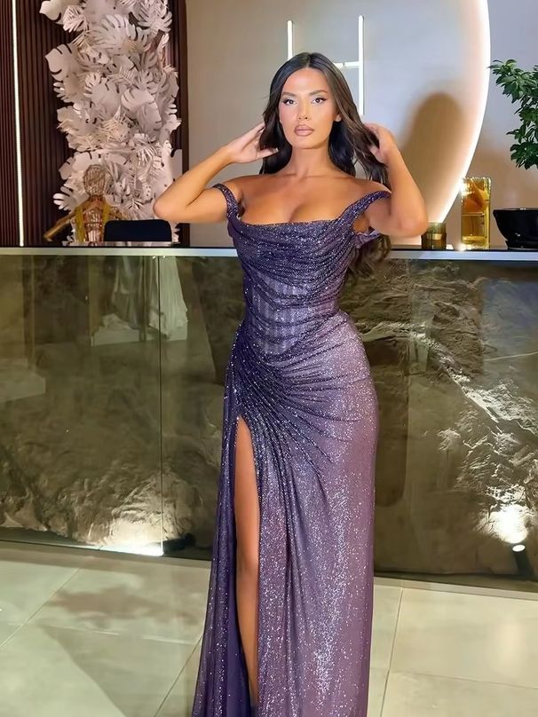 Women's Clothing Sexy Strapless Slim High Slit Shiny Luxury Dress_ecoleips.com