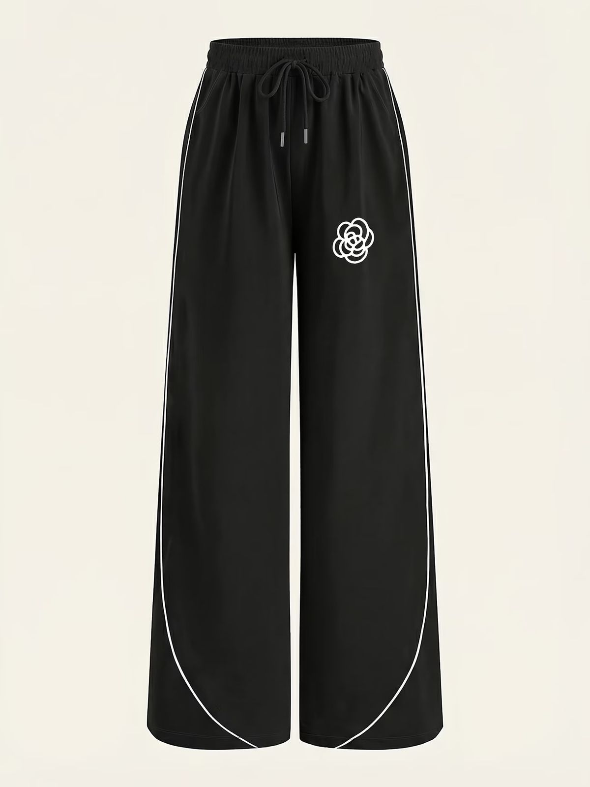 Women's Casual Wide Leg Trousers Elegant Stylish Camellia Print White Side Trim 9016 Print Fashionable Pants_ecoleips.com