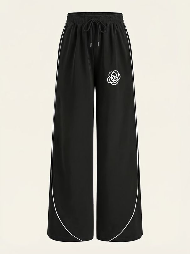 Women's Casual Wide Leg Trousers Elegant Stylish Camellia Print White Side Trim 9016 Print Fashionable Pants_ecoleips.com