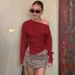 2025 Summer New Fashion Simple Asymmetrical Shoulder Stretch Slim Fit Split Long Sleeve T-Shirt Wholesale_ecoleips.com