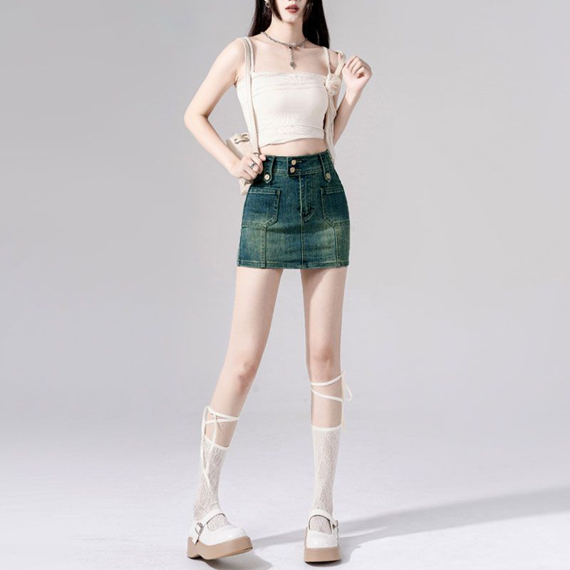 Verve Anti-Exposure Vintage Denim Short Blue Women's Clothing 2025 Spring Bodycon Skirt Slimming Outerwear_ecoleips.com