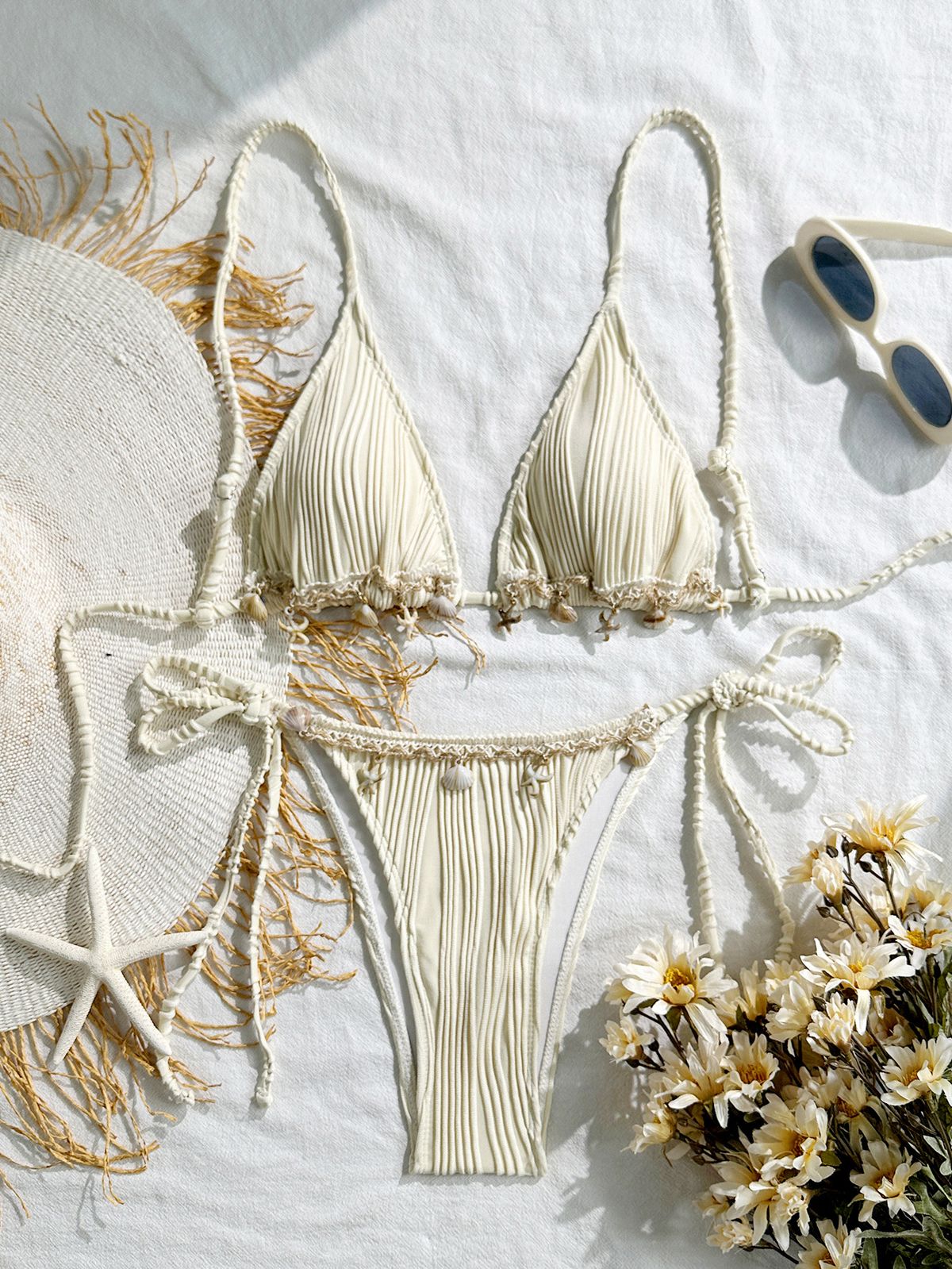 Women's Sexy Shell Bikini Two Piece Swimsuit Lace Up Solid Color American Style For Beach Vacation_ecoleips.com