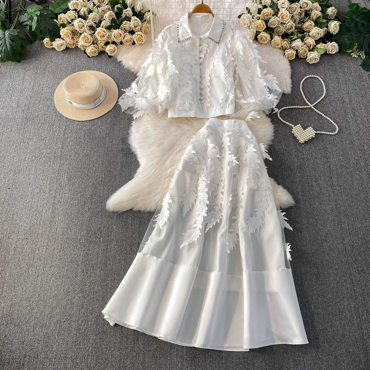 Heavy Duty Rhinestone Embellished Button Down Mesh Lantern Sleeve Two Piece Set Cross Border Trade Design Long Skirt Included_ecoleips.com