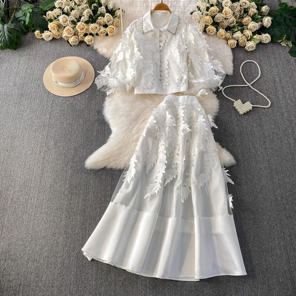 Heavy Duty Rhinestone Embellished Button Down Mesh Lantern Sleeve Two Piece Set Cross Border Trade Design Long Skirt Included_ecoleips.com