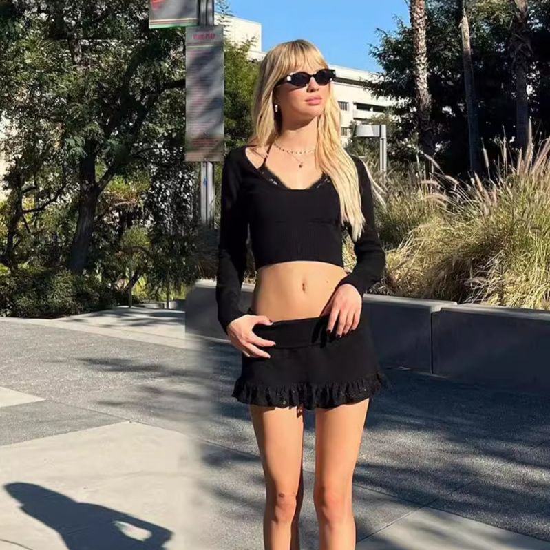 2025 Summer Fashion Trend Women's New Halter Neck Strap Long Sleeve Lace Short Dress Set_ecoleips.com