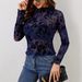 Women's Clothing Navy Blue Flocked Rose Mesh Long Sleeved Top Slim Fit Inner Layer Style For Women For Formal & Casual For Women_ecoleips.com