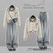 Women's Clothing Women's Stylish Two Piece Suit Faux Sweatshirt Shirt Set Paired With High-Waisted Slimming Loose Straight Leg Jeans_ecoleips.com