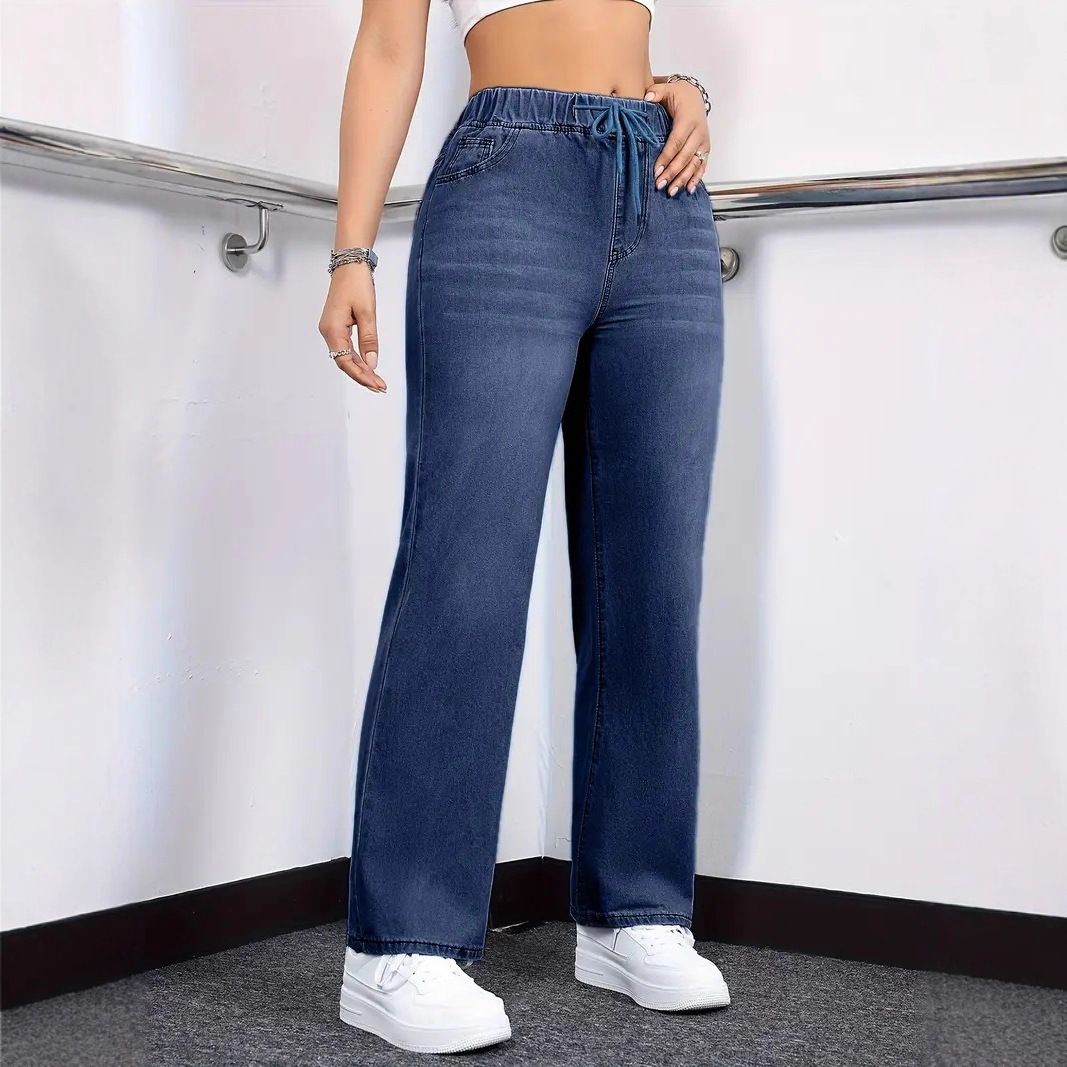 Women's Straight Leg Jeans Mid Rise Casual Style Elastic Waistband Stretch Fabric Drawstring_ecoleips.com