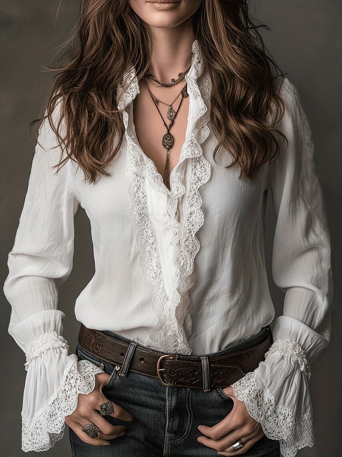 European-Style Lace Blouse – Long Sleeve V-Neck Top With Sheer Panels & Stretch Comfort (Breathable Polyester-Spandex Blend)_ecoleips.com