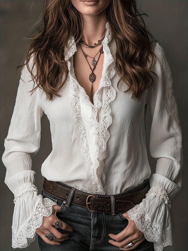 European-Style Lace Blouse – Long Sleeve V-Neck Top With Sheer Panels & Stretch Comfort (Breathable Polyester-Spandex Blend)_ecoleips.com