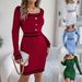 Elegant Square Neck Button Long Sleeve Sweater Hip Skirt Women's Clothing_ecoleips.com