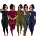 TW880 Women's Summer Fashion Sporty Two Piece Set round Neck Short Sleeve Top with High Waist Elastic Solid Color Long Pants_ecoleips.com