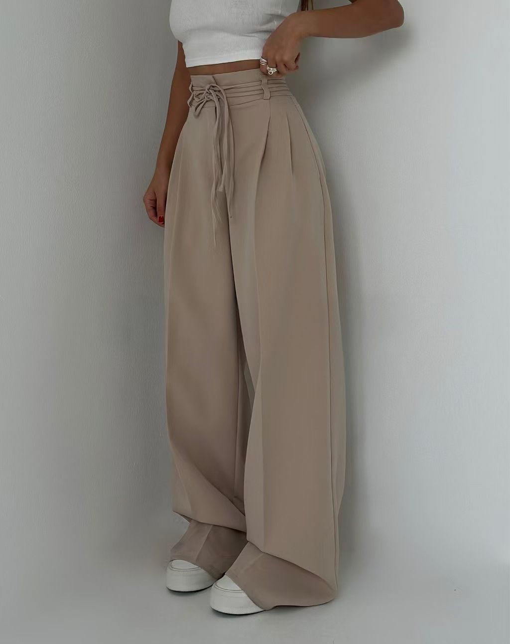 Women's Casual Spot Design High Waist Lace Up Slim Straight Trousers_ecoleips.com