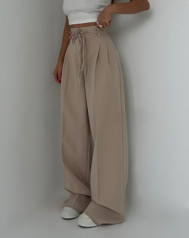 Women's Casual Spot Design High Waist Lace Up Slim Straight Trousers_ecoleips.com
