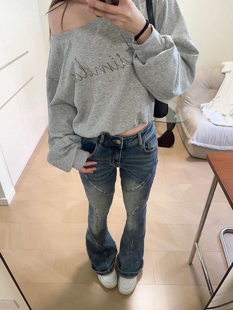 Women's Clothing Short Oblique Shoulder Sweatshirt For Women With Hot Diamonds Loose One Shoulder Lazy Gray Cocoon Sweatshirt_ecoleips.com