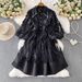 Slimming Lace Midi Dress European American Style Design Niche Mesh Patchwork Rhinestone Embellished Lapel Lantern Sleeves Waist Cinching_ecoleips.com