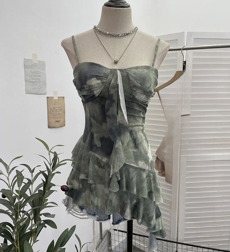 New Women's Smudged Mesh Spaghetti Strap Camisole With Breast Pads Irregular Ruffled Top Y2k Essential Streetwear Outfits 1139_ecoleips.com