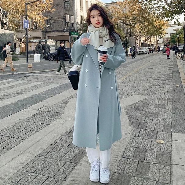 Blue Korean-style Commuter Wool 2025 Autumn/Winter New Korean Version Loose Mid-length Belted Woolen Coat For Women_ecoleips.com