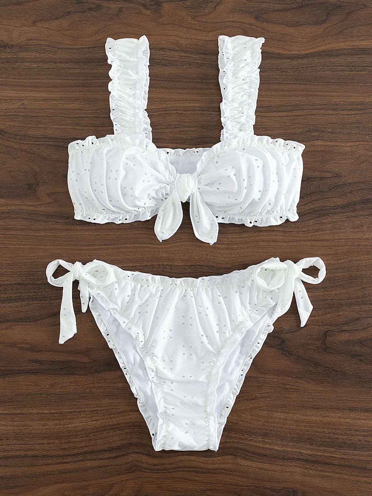 Women's Clothing Mesh Fabric Solid Color Lace Bow Swimsuit Women's Bikini Pleated Bikini Cute Girl Multi Color_ecoleips.com