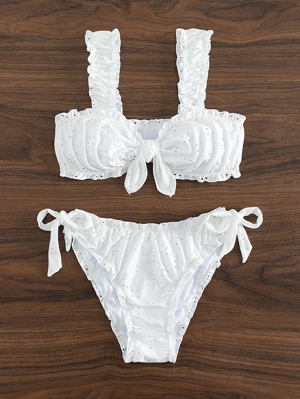 Women's Clothing Mesh Fabric Solid Color Lace Bow Swimsuit Women's Bikini Pleated Bikini Cute Girl Multi Color_ecoleips.com