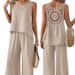 Elegant Solid Color Lace Hollow-Out Two-Piece Set Women's Fashion Vest & Wide-Leg Pants For Casual & Office Wear_ecoleips.com