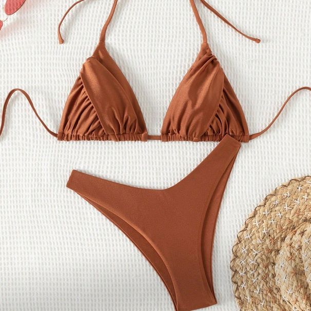 Women's Sexy High Leg Bikini Set European And American Style Solid Color Two Piece Swimsuit With Straps And Halter Neck 2024_ecoleips.com