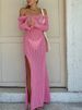 Sexy Hollow Out Shoulder Long Sleeved Beach Dress Women's Casual Split Slim Fit Long Dress Spring Summer Vacation Knitted Dress_ecoleips.com