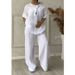 Cross-border European American Style White Linen Collared Shirt And Wide-leg Pants Set For Women, Loose Casual Home_ecoleips.com