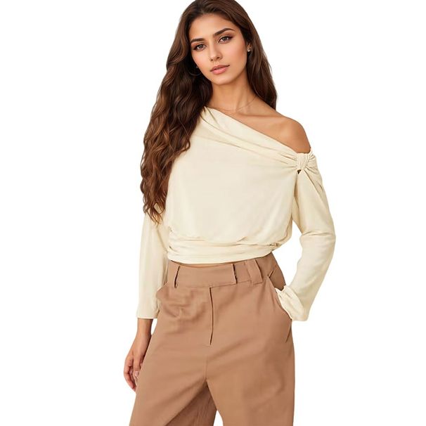 Voya European American Spring/summer Long-sleeve Elegant Workwear And Date Outfit, Niche Design, Ruched Waist, One-shoulder_ecoleips.com