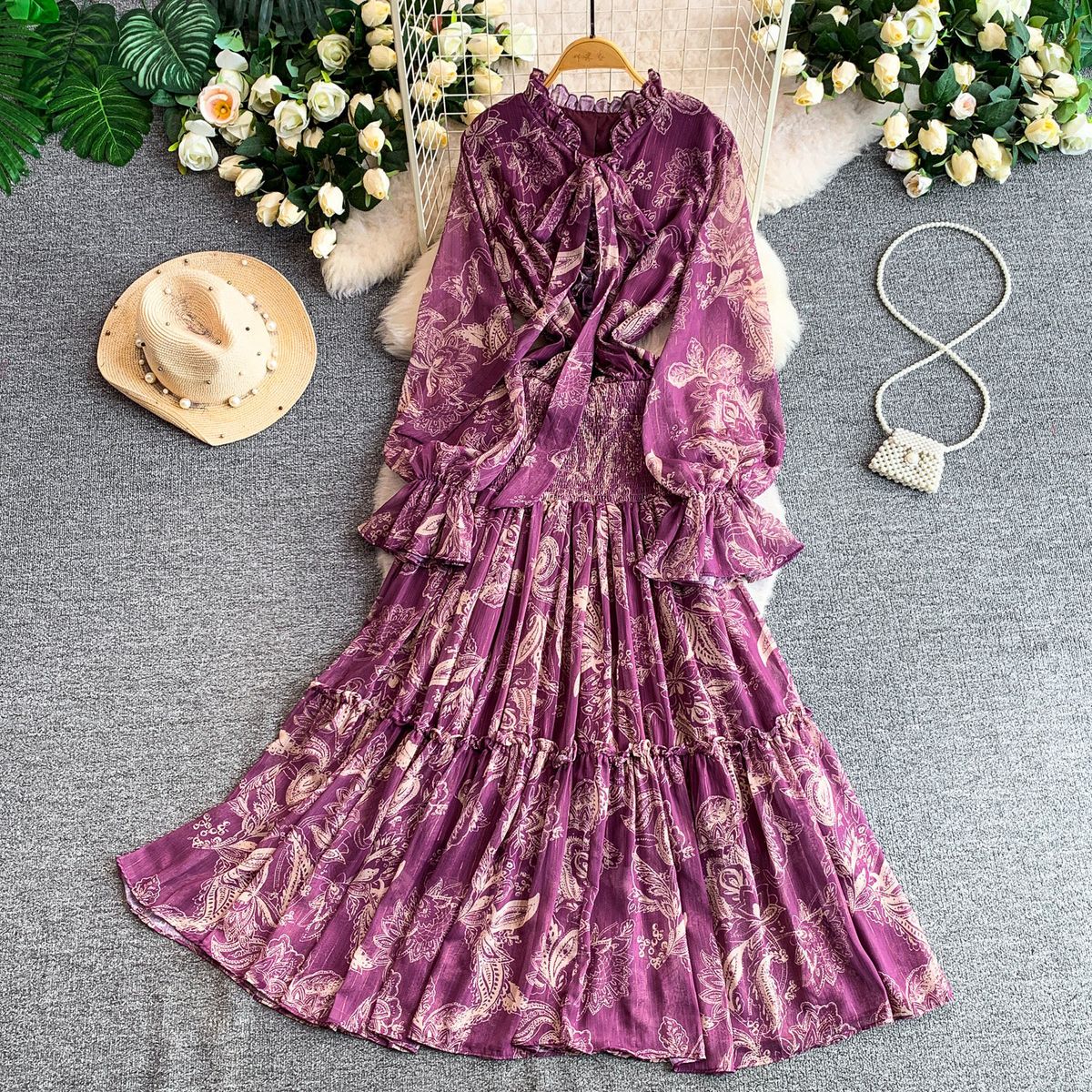 Women's French Style Elegant V Neck Dress Bow Bell Sleeve Fitted Waist Shimmering Print Ruffled Hem_ecoleips.com