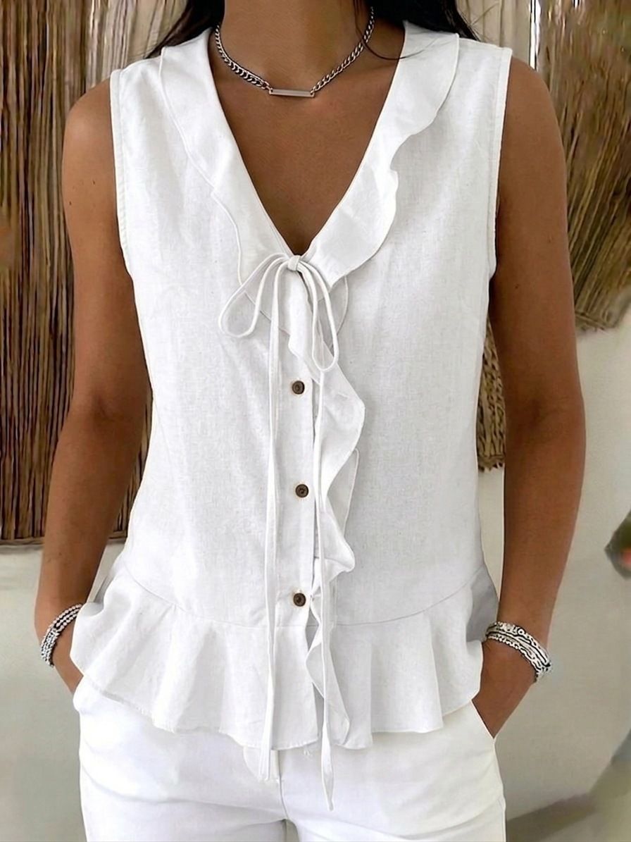 Women's Clothing Women's Casual V Neck Ruffled Tie Sleeveless Vest Style Fashion Ruffled Hem Top For Formal & Casual For Women_ecoleips.com