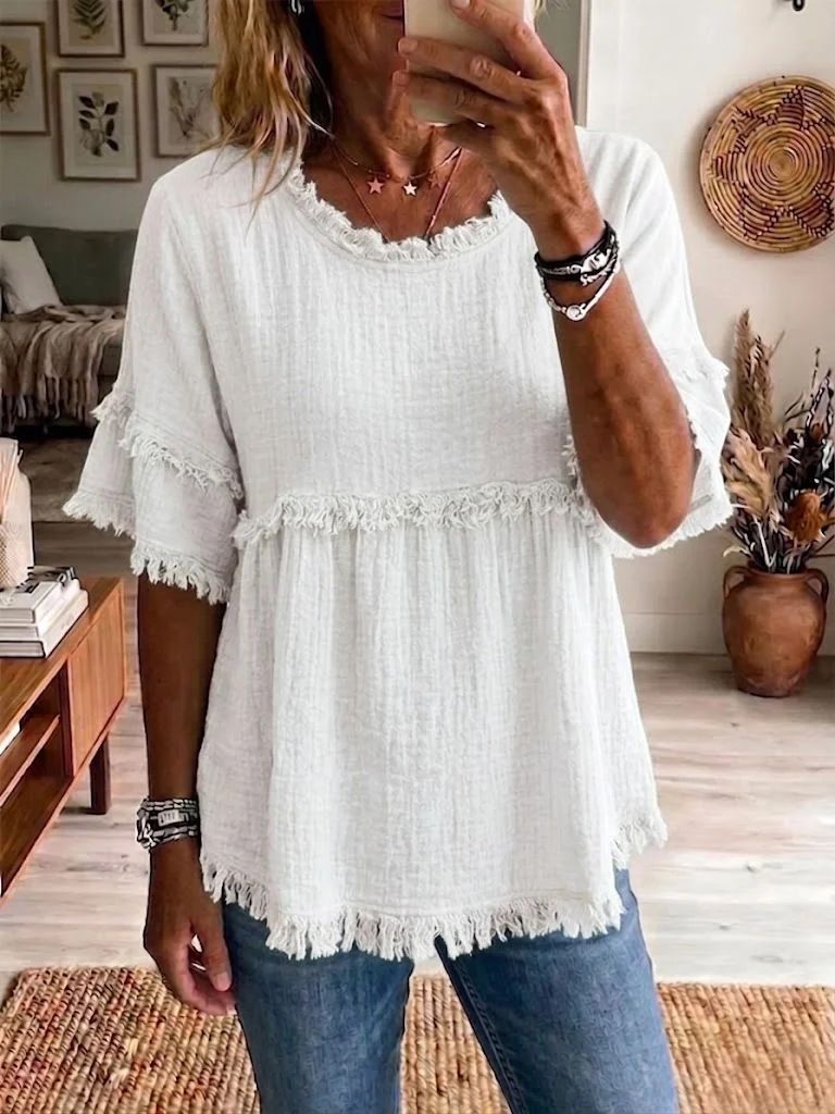 New Women's Casual Loose Fit Shirt Round Neck Pullover Short Sleeve Top American Style_ecoleips.com