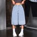 Light Blue Washed Cropped Denim Shorts for Women High Waisted Wide Leg Pants European American Style Rhinestone Embellished_ecoleips.com